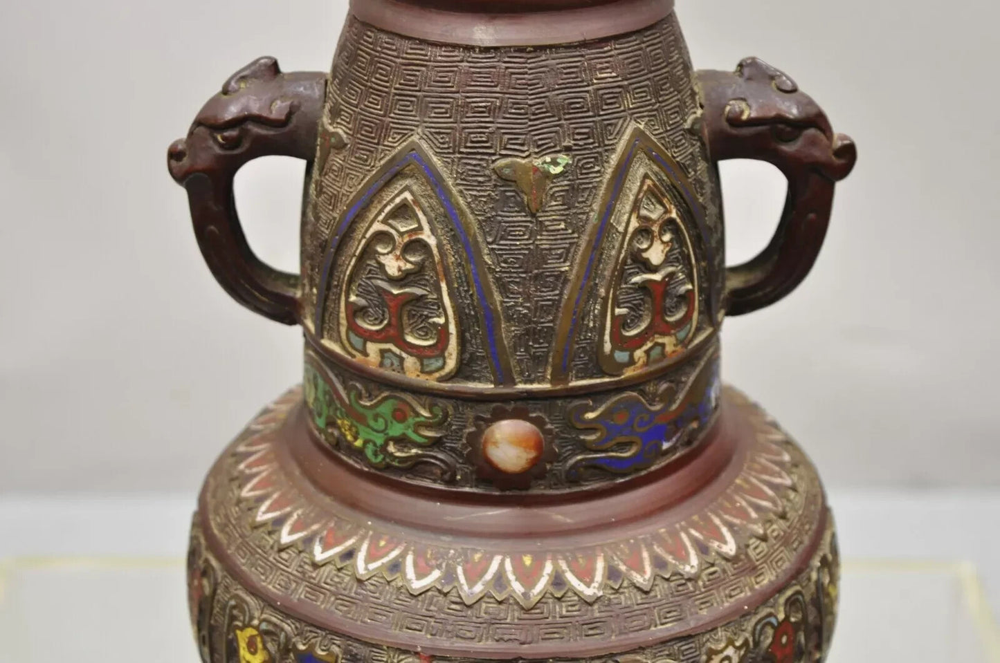 Antique Japanese Champleve Cloisonne Enamel Bronze Twin Handle 12" Vessel Vase