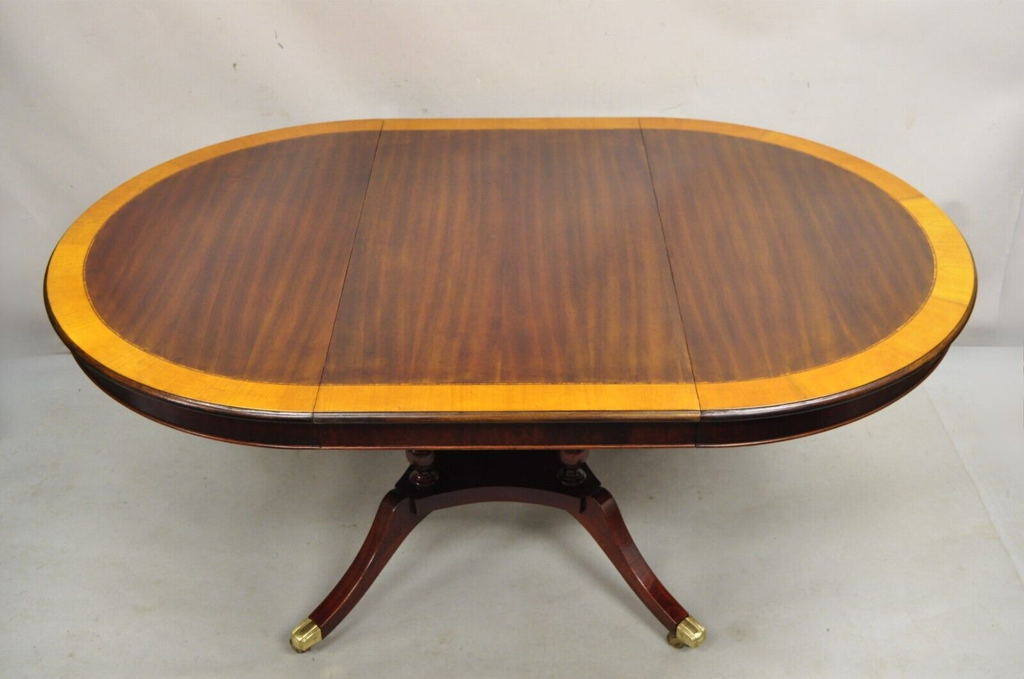 Regency Style Mahogany 48" Round Banded Oval Extension Dining Table w/ Leaf
