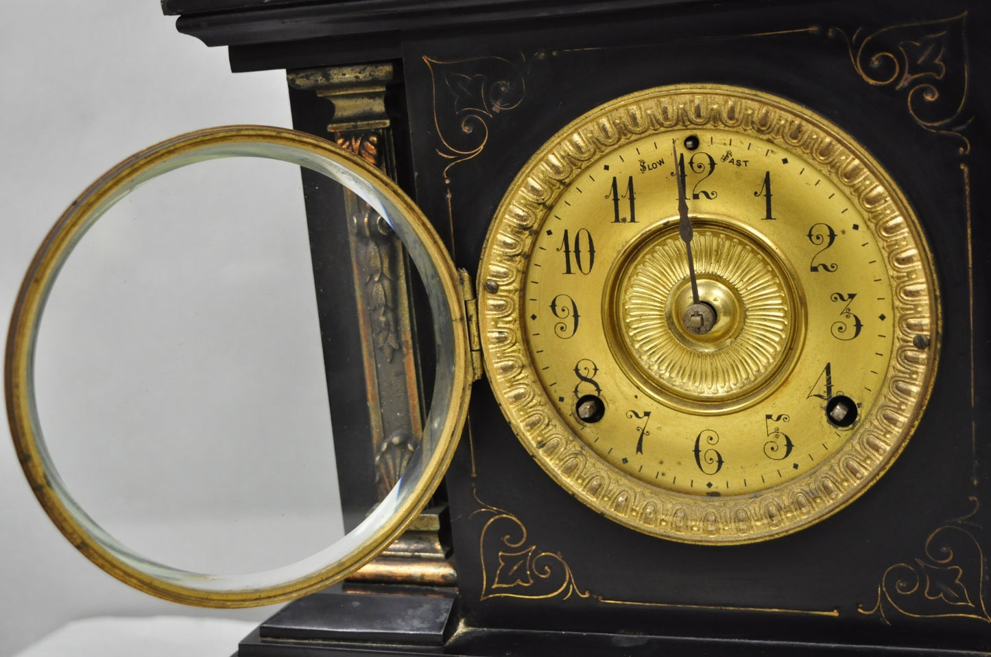 Antique Ansonia Black Mantel Clock with Bronze Coated Columns and Claw Feet