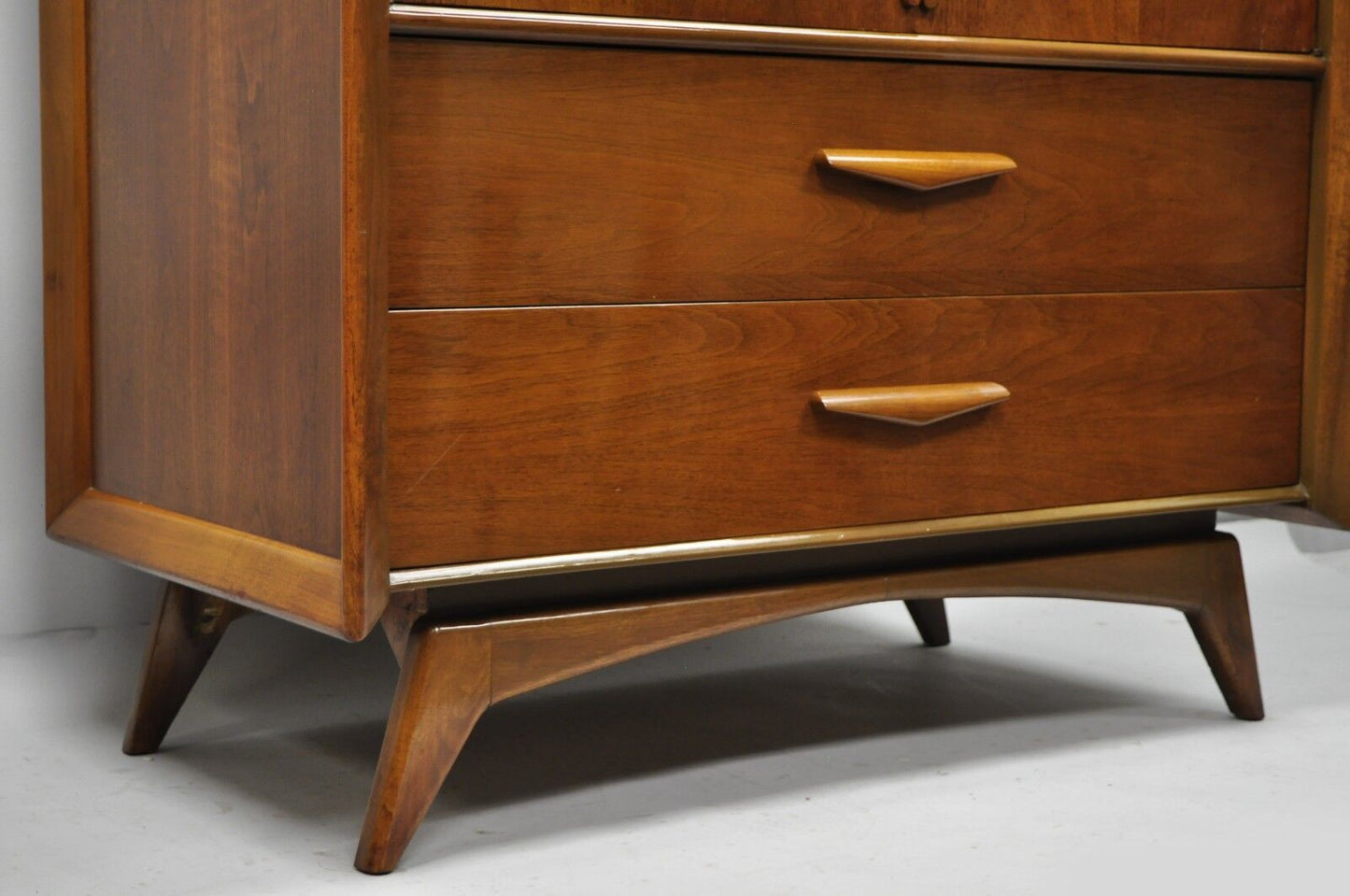 Vintage Mid Century Modern Sculpted Angled Walnut Highboy Tall Chest Dresser