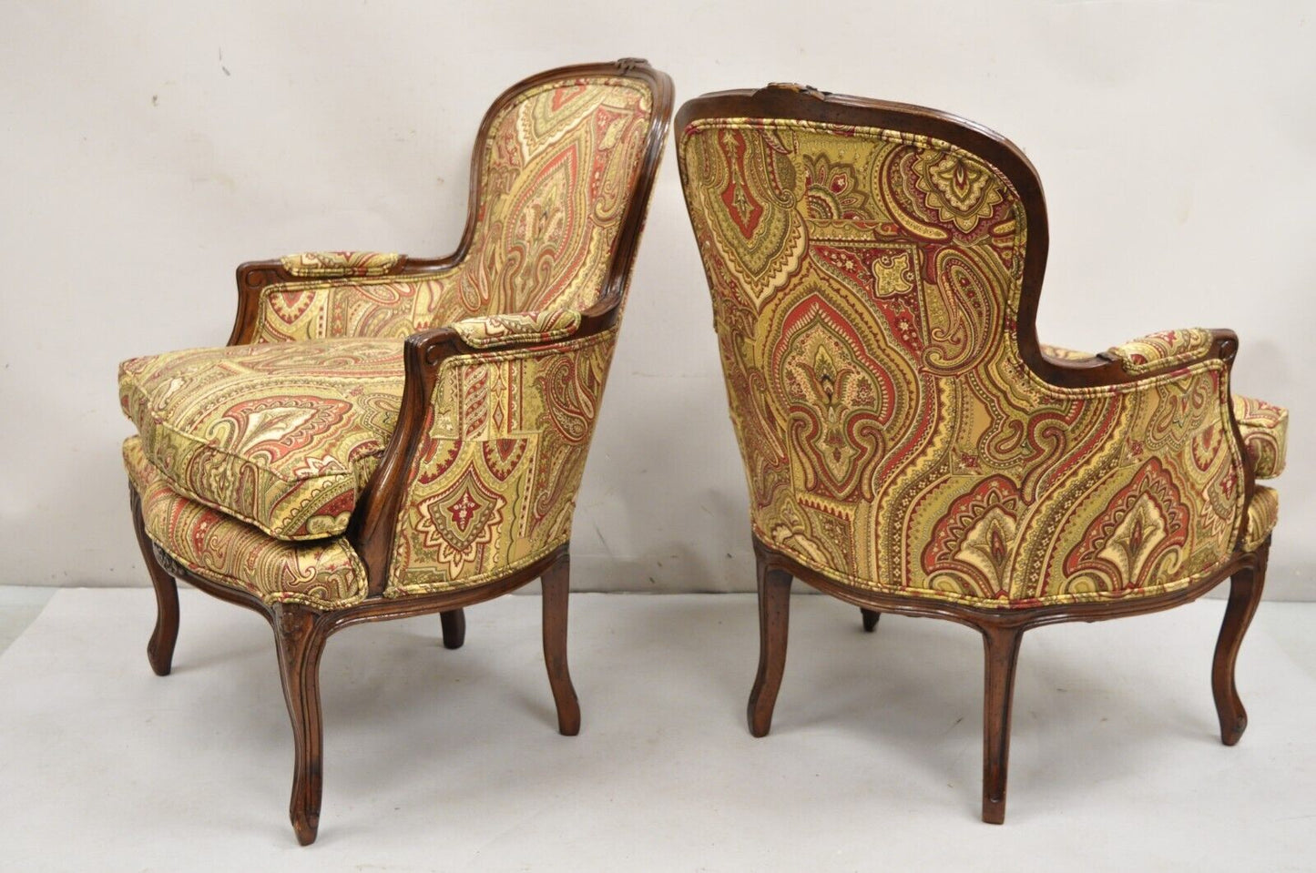 Vintage French Country Carved Walnut Burgundy Bergere Lounge Arm Chairs -a Pair