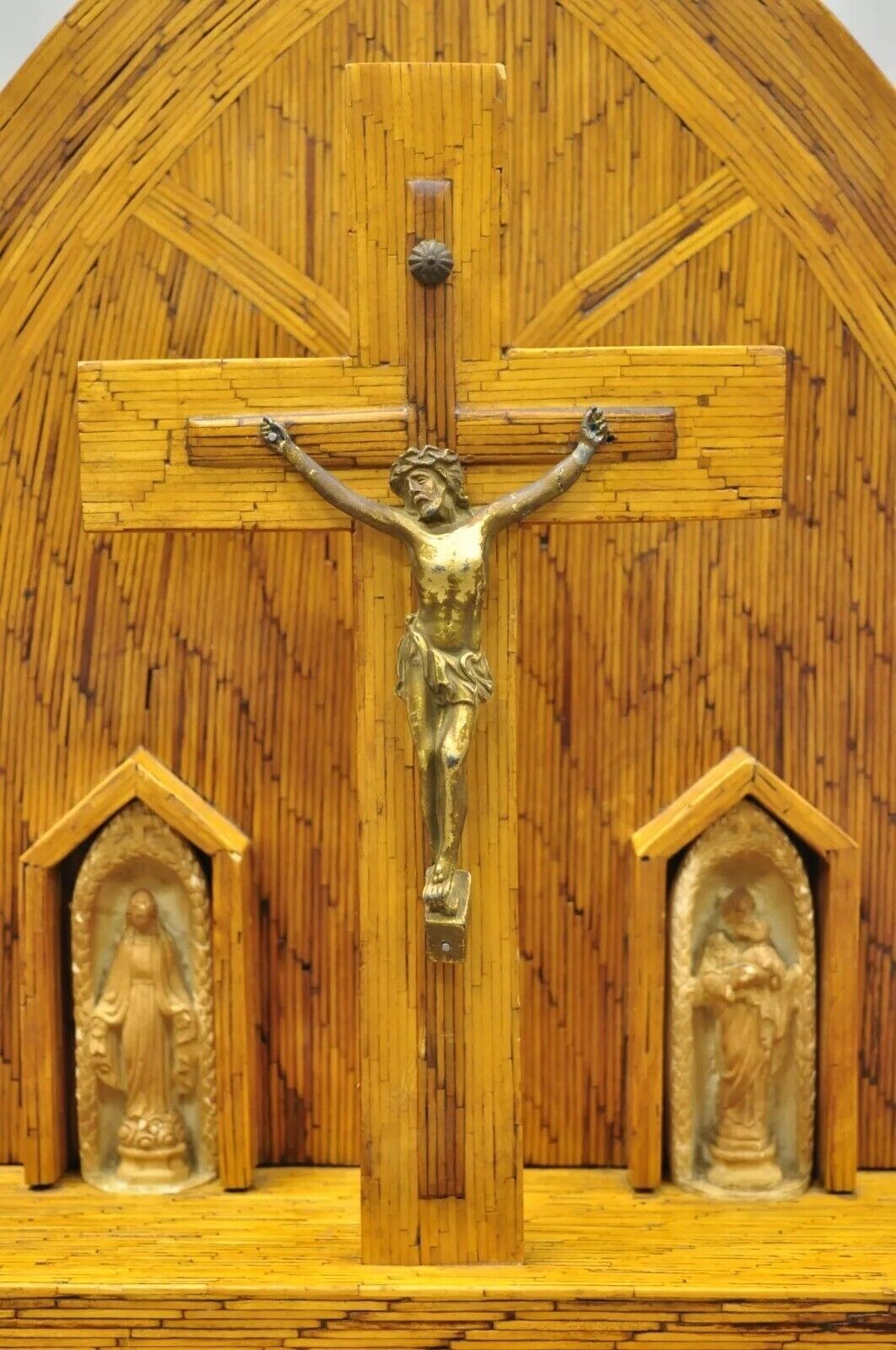 Vintage Folk Art Matchstick Prison Tramp Art Crucifix Jesus Christ Sculpture