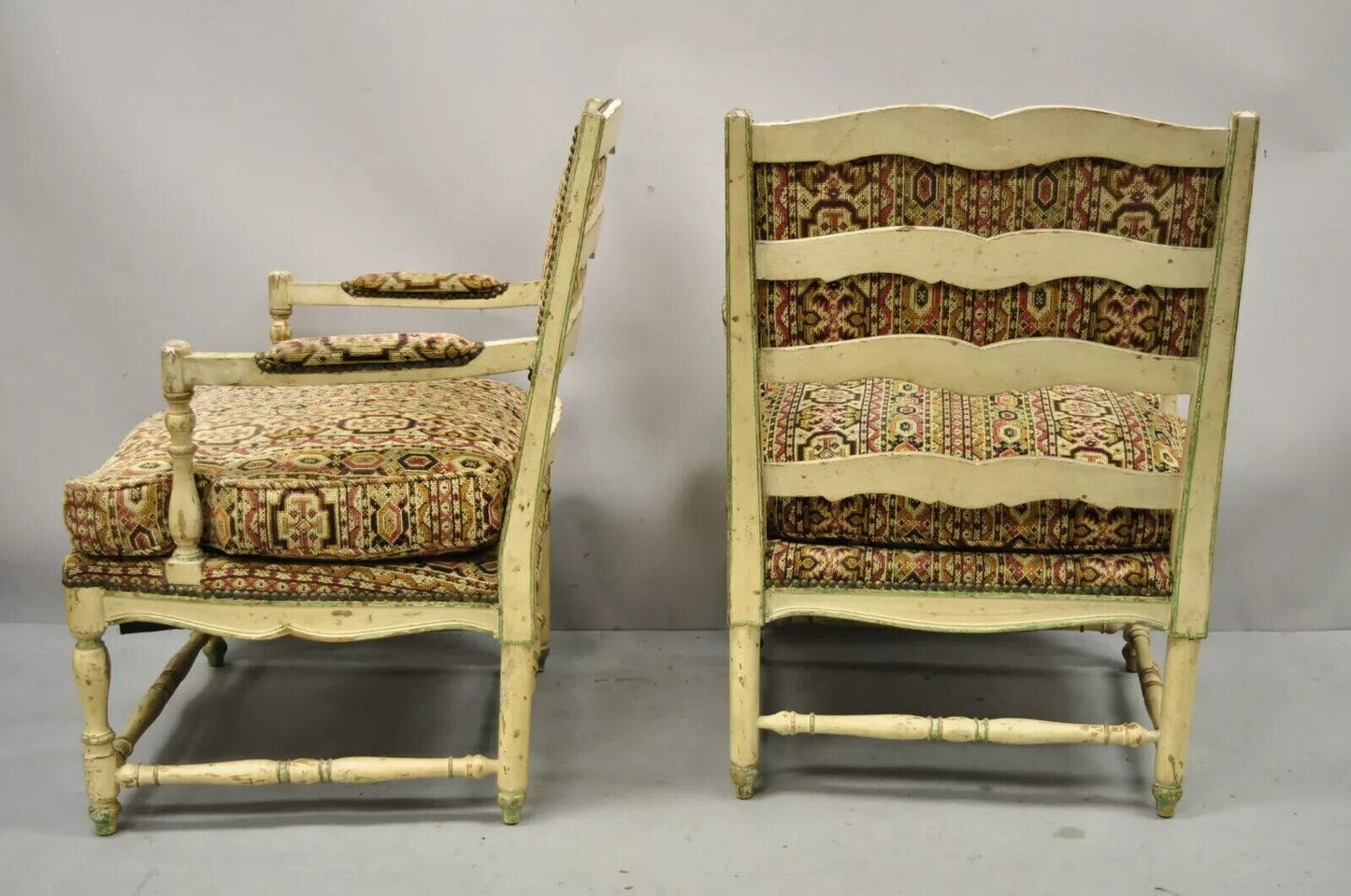 Vintage French Country Cream Distress Painted Lounge Arm Chairs & Ottoman a Pair