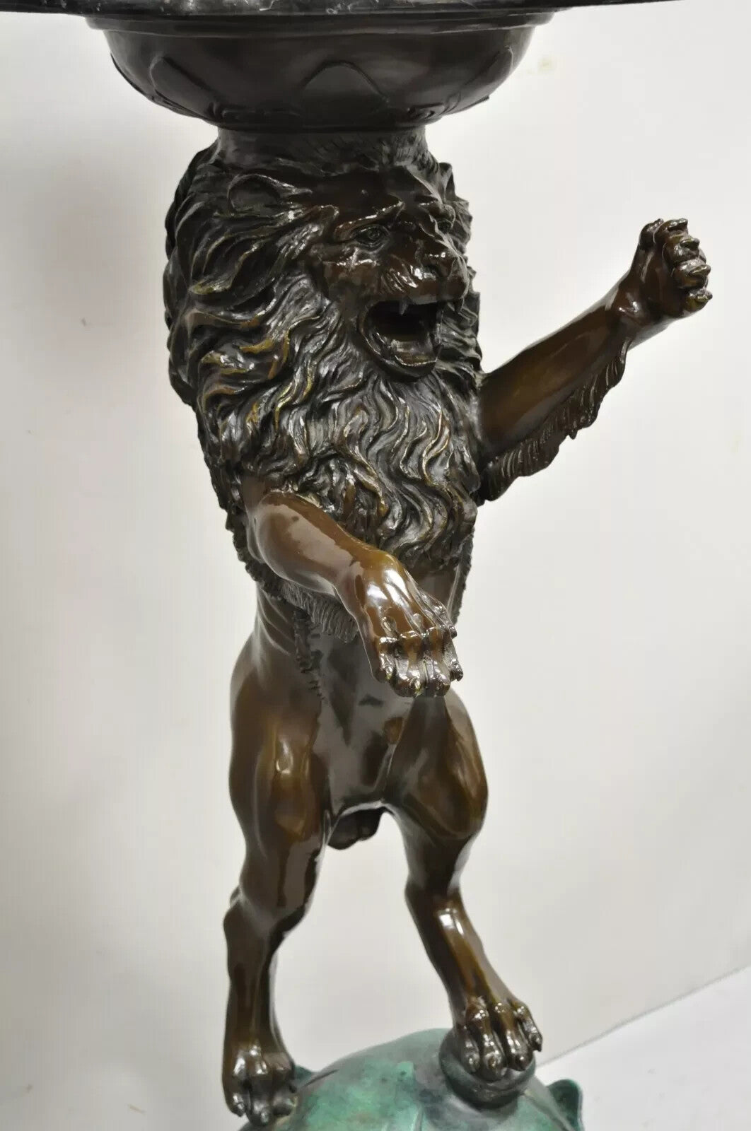 Regency Style Bronze Lion Figure Marble Top Pedestal Table after P.J Mene, Pair