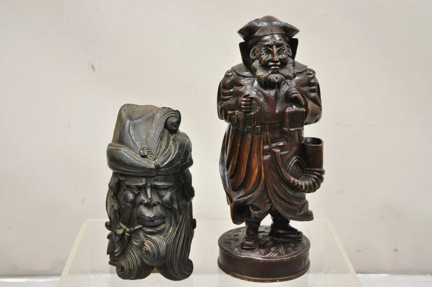 19th C. Black Forest Figural Wood Carved Night Watchman Lidded Tobacco Jar Box