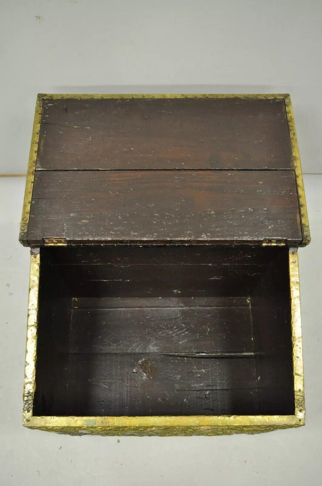 Antique Victorian Embossed Brass Fireplace Log Box Coal Box with Country Scenes