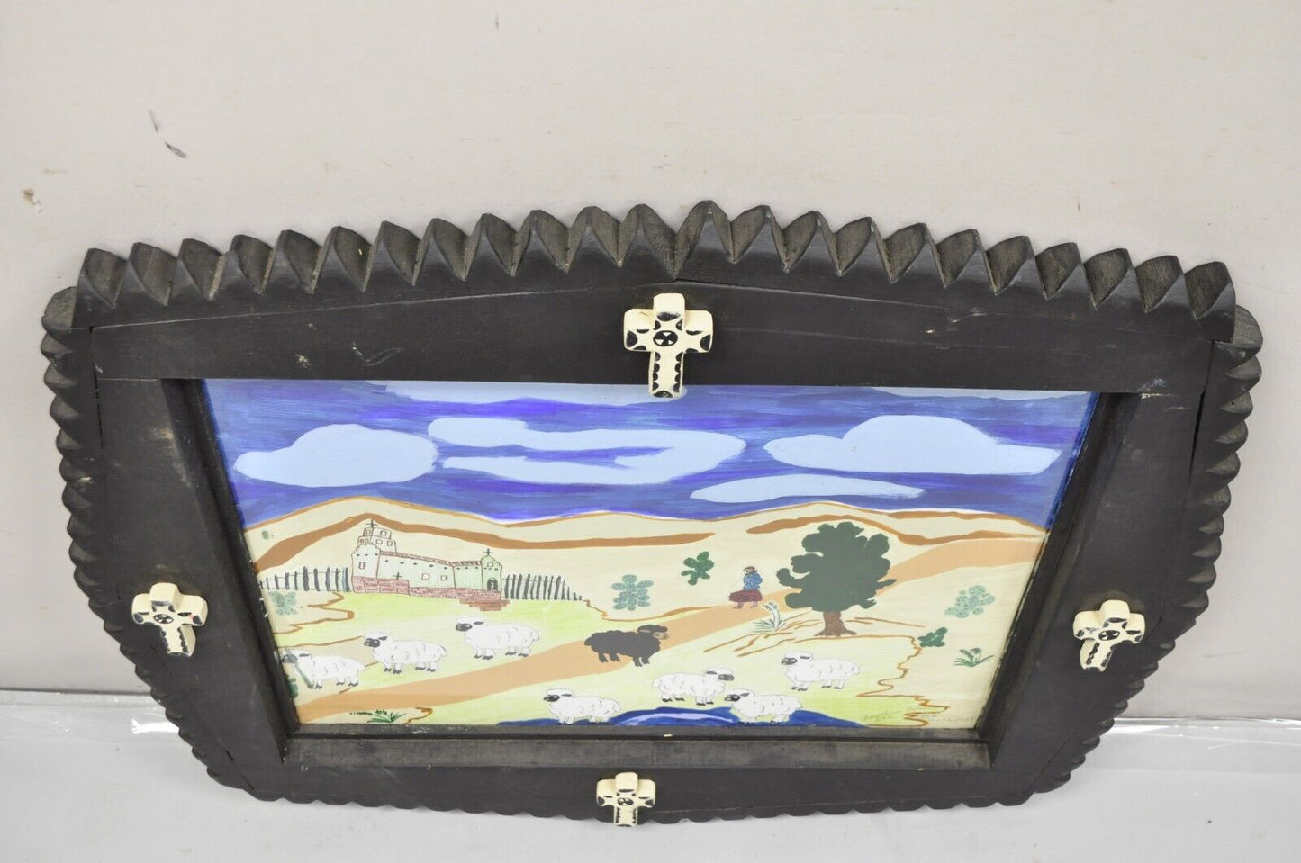 Bill & Geraldine Nelson “Old Southwest” Black Sheep Painting Carved Wood Frame