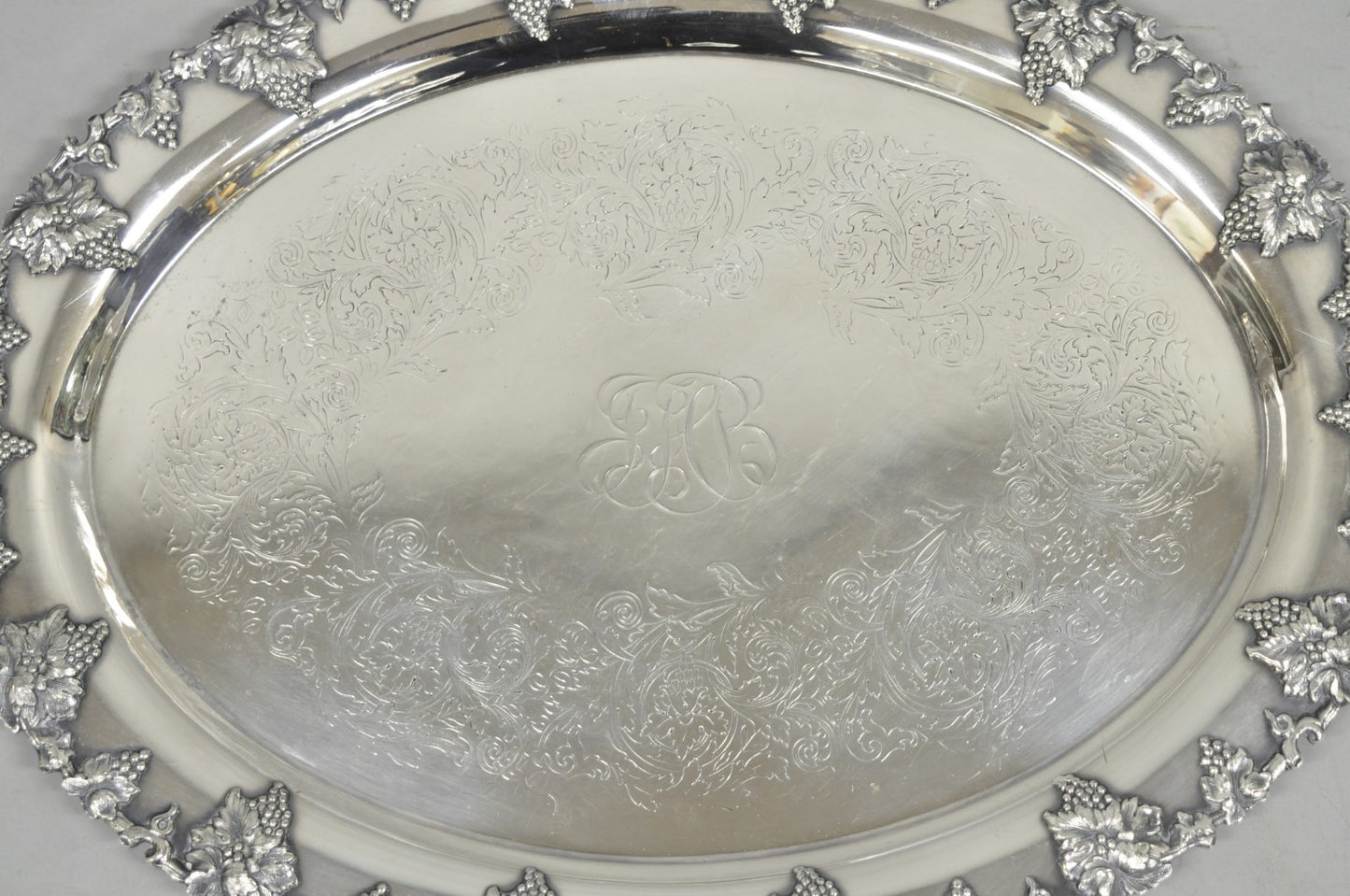 Antique English Victorian Silver Plated Grapevine Oval Bar Tray w/ Monogram
