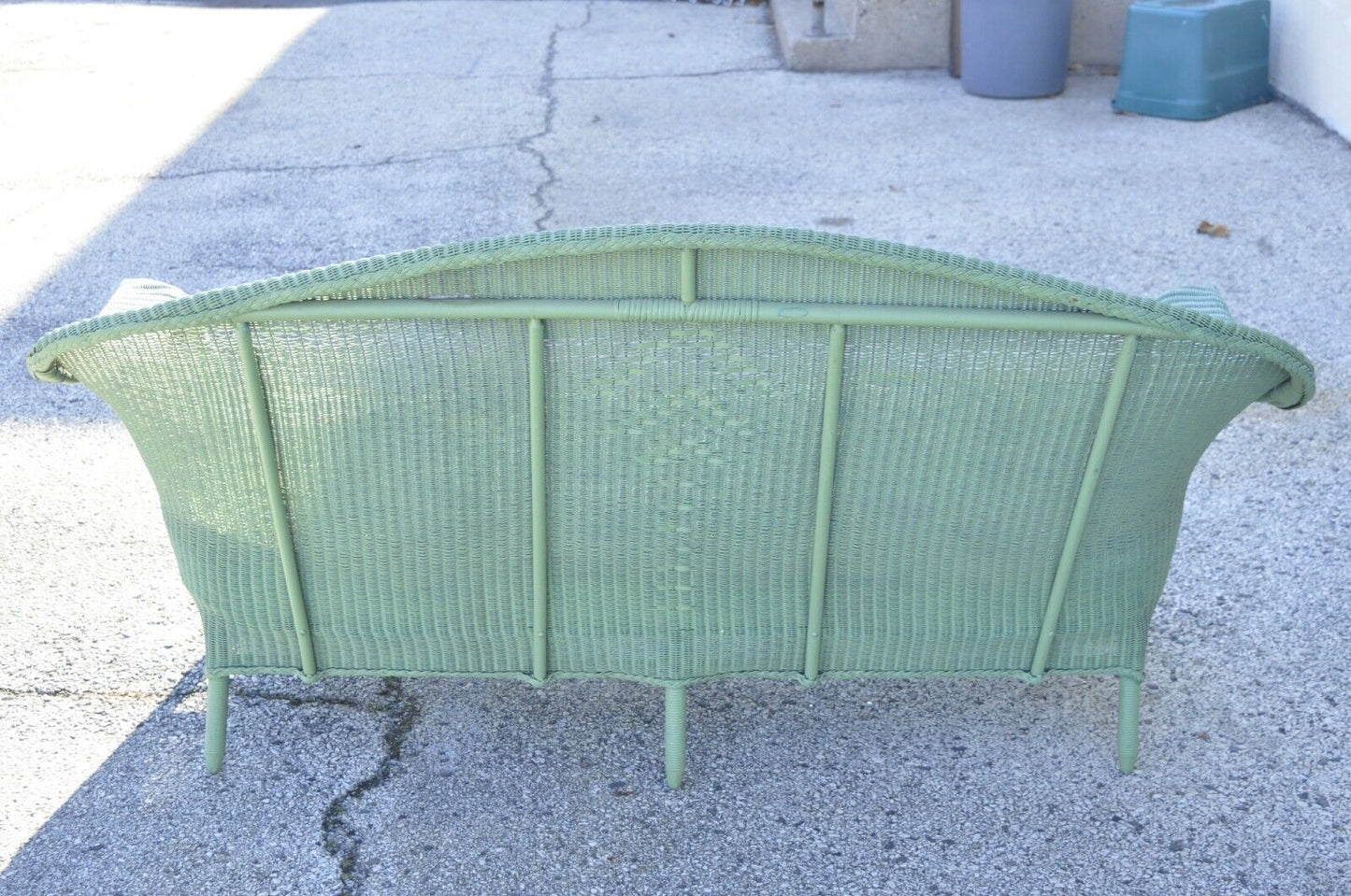 Victorian Blue Green Woven Wicker Sunroom Sofa Rocking Chair Lounge Chair 3 Pcs