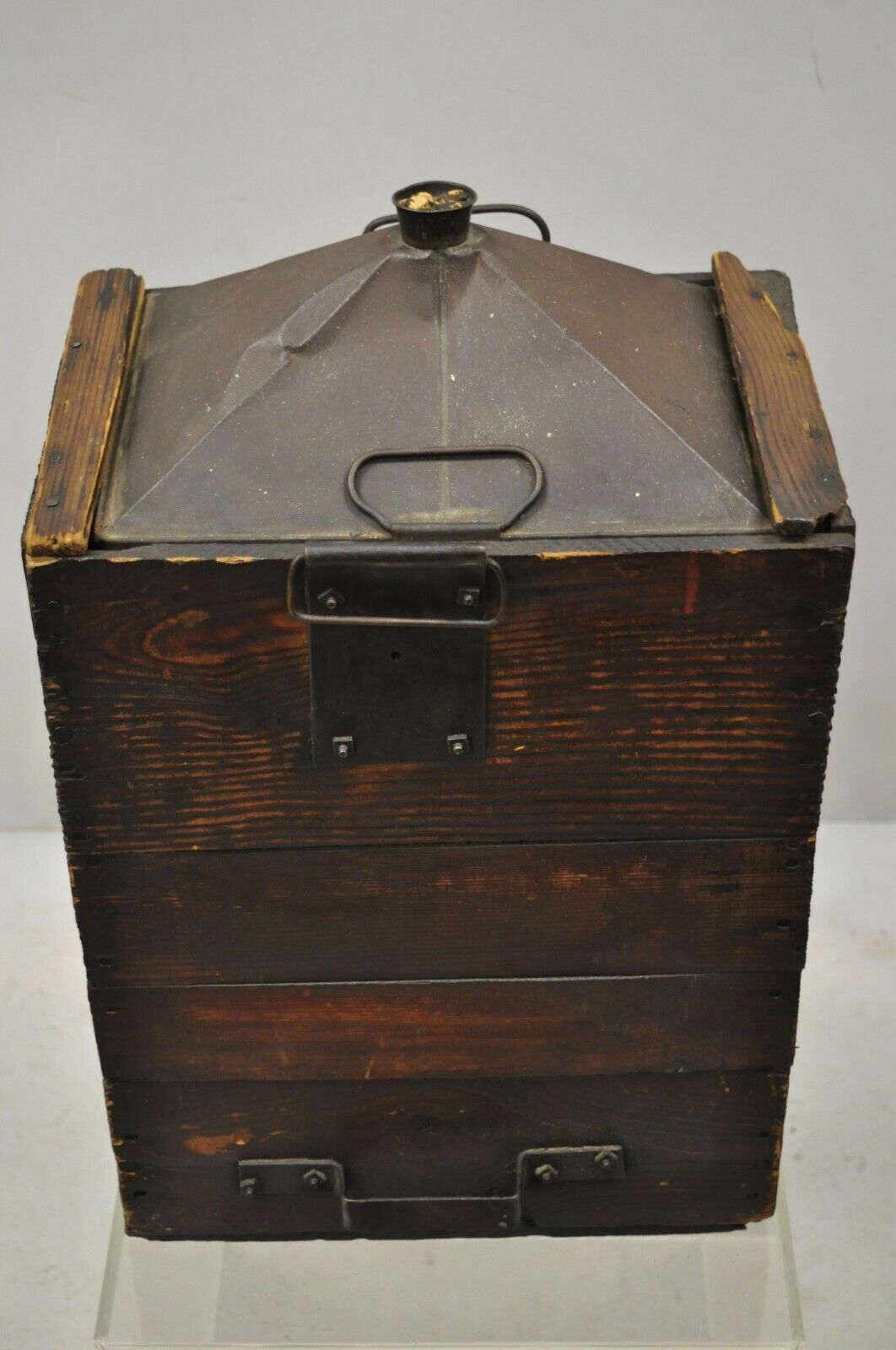 Antique Export Tin Metal Transport 5 Gallon Canister Container with Wood Case
