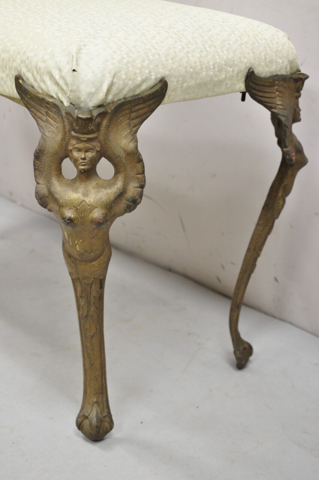 Antique French Art Deco Figural Bench With Cast Iron Winged Women Legs