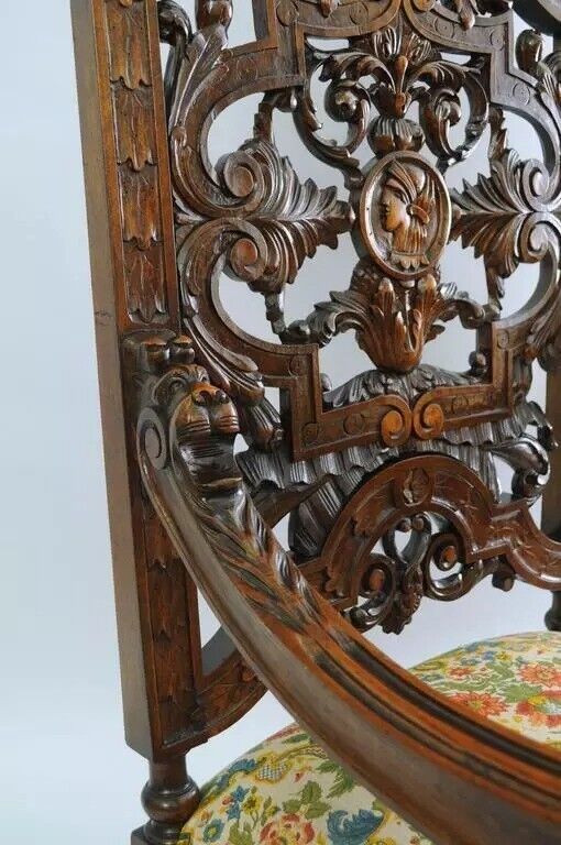 Antique Italian Renaissance Figural Bird & Lion Carved Walnut Throne Chair