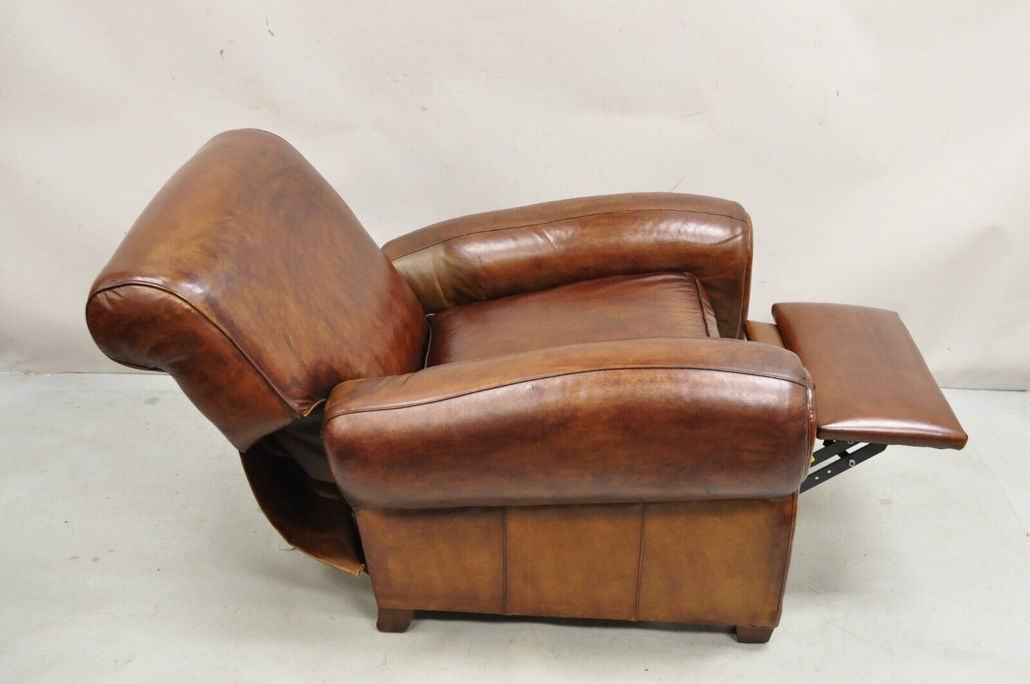 Pottery Barn Manhattan Brown Leather Recliner Art Deco Club Chairs - a Pair