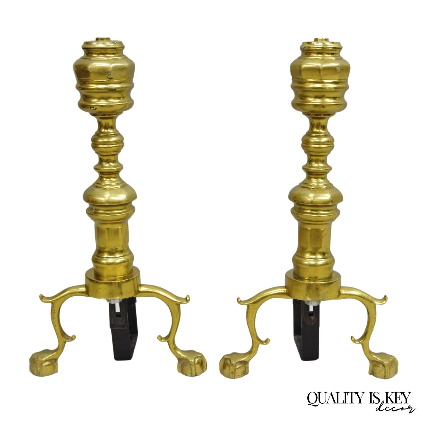 Vintage Federal Style Brass Branch Foot Gold Fireplace Andirons - a Pair