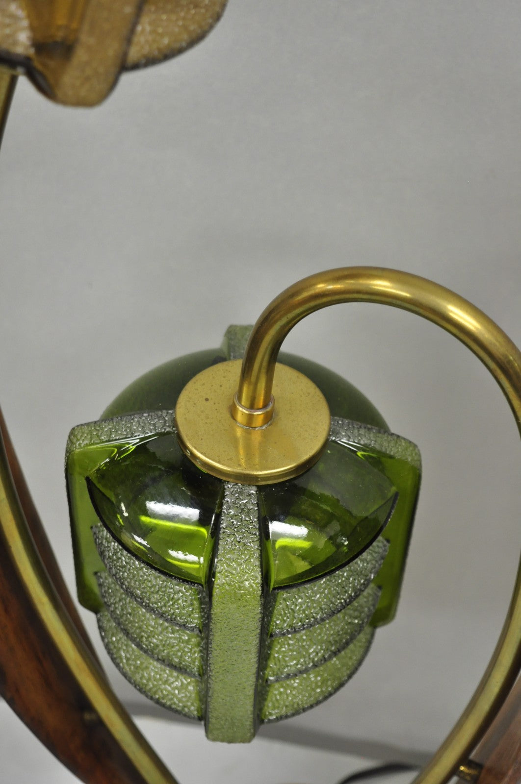 Vintage Mid Century Modern Walnut Tulip Flower Glass Shade Table Lamps - a Pair