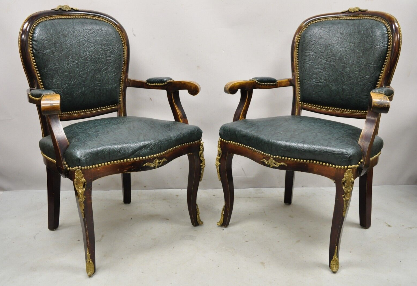 Vintage French Louis XV Style Solid Wood Bronze Ormolu Arm Chairs - a Pair