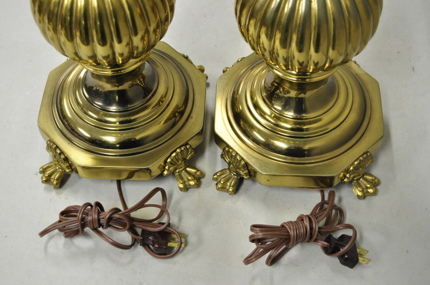 Vintage French Empire Style Burnished Brass Column Paw Foot Table Lamps - a Pair