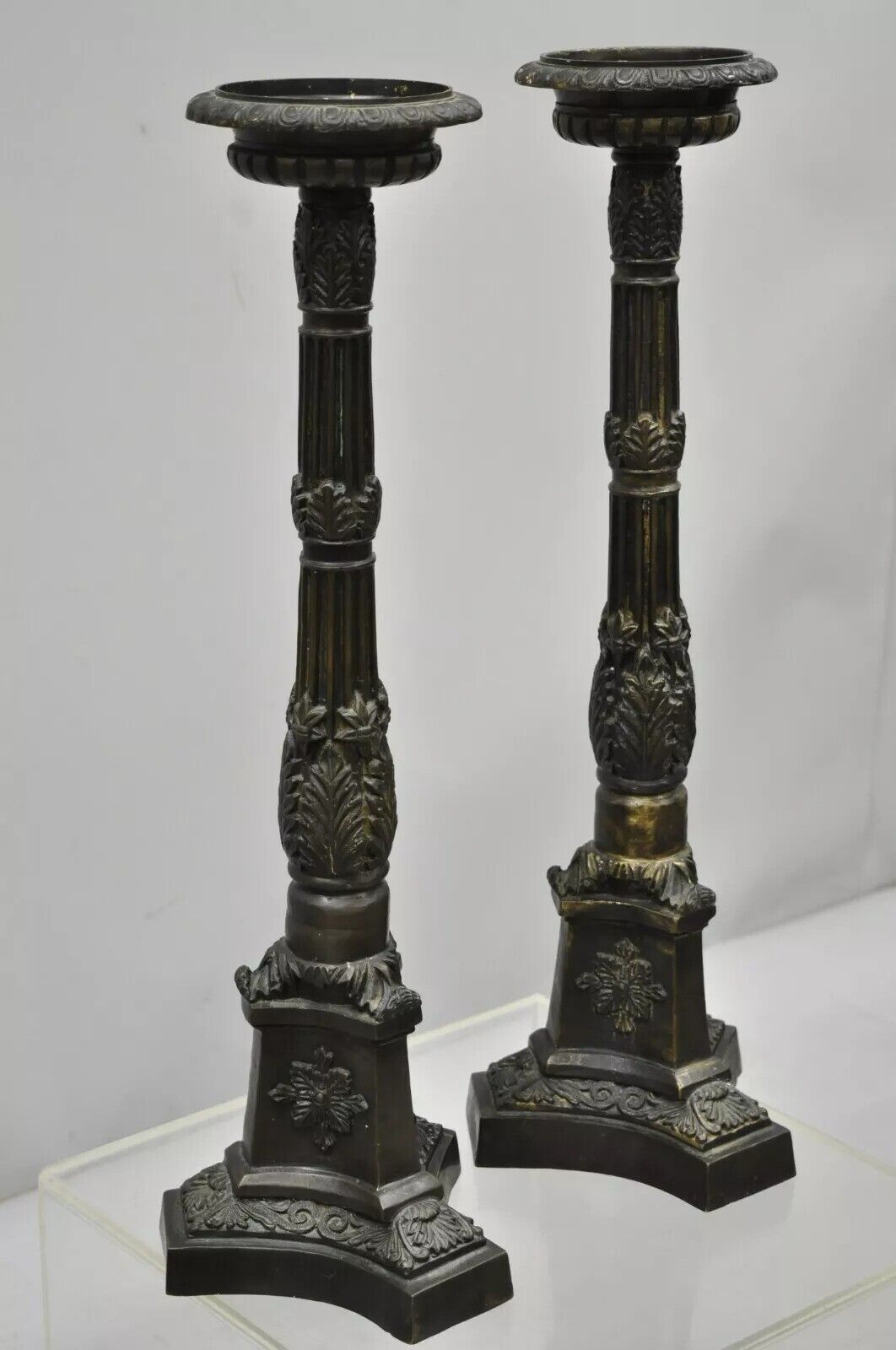 French Empire Style Bronze 26" Candlestick Prickets Candle Holders - a Pair