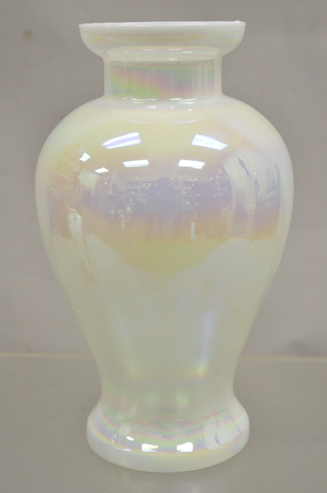 Vintage Pearlescent Opalescent White Iridescent Hand Blown Art Glass Flower Vase