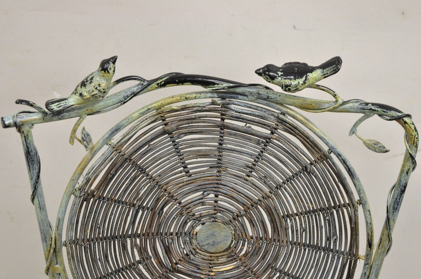 French Country Style Iron and Wood Reed Green Bistro Side Chair with Birds