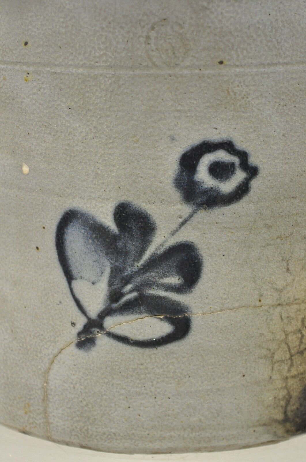 Antique Stoneware Salt Glazed 9" Round Pottery Crock Pot with Blue Flower