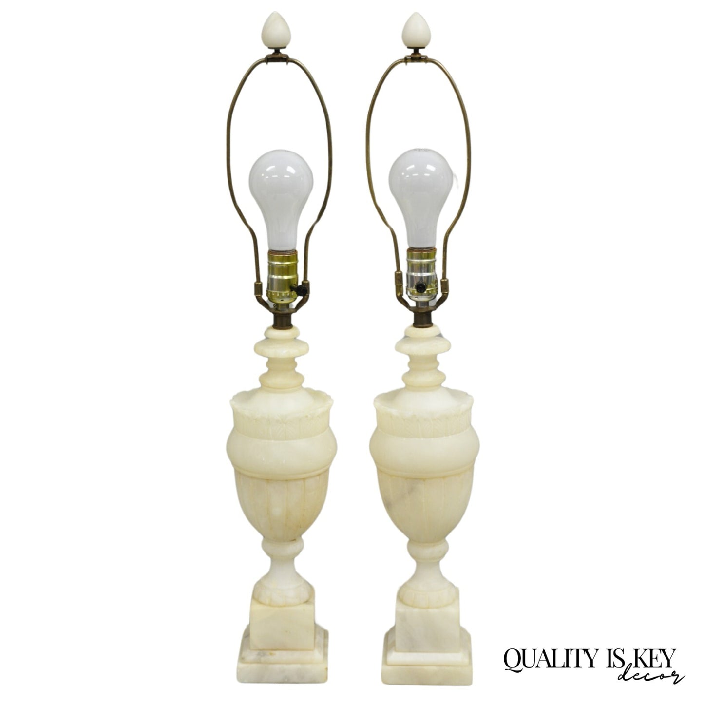 Antique French Empire Neoclassical Carved Alabaster Urn Table Lamp - a Pair