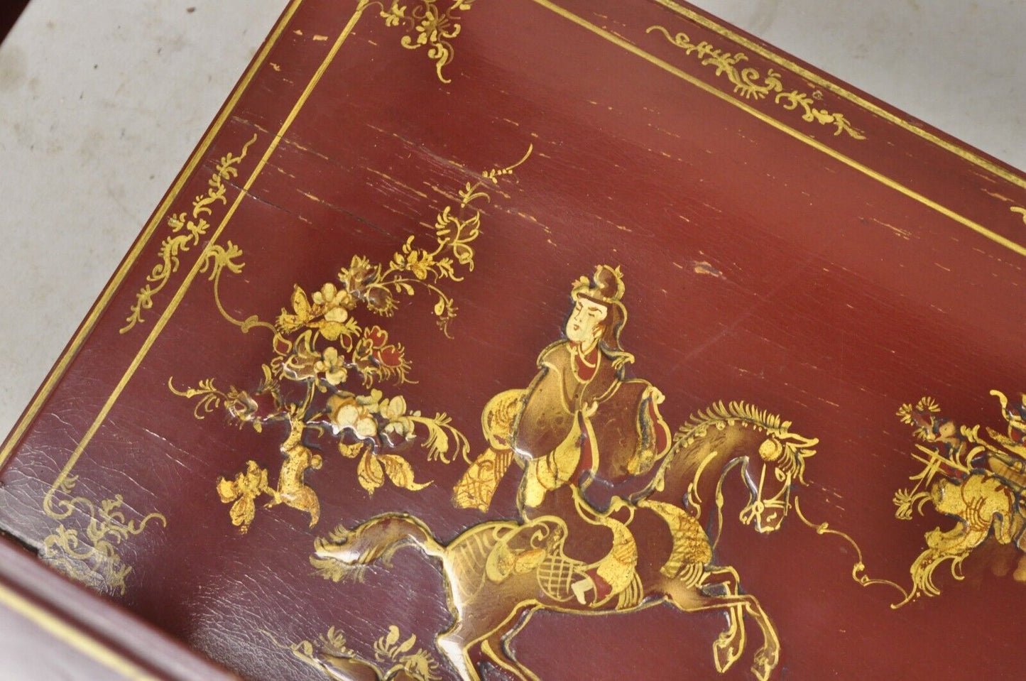 Chinoiserie Red Lacquer Gilt Painted Oriental Asian Glass Top Coffee Table
