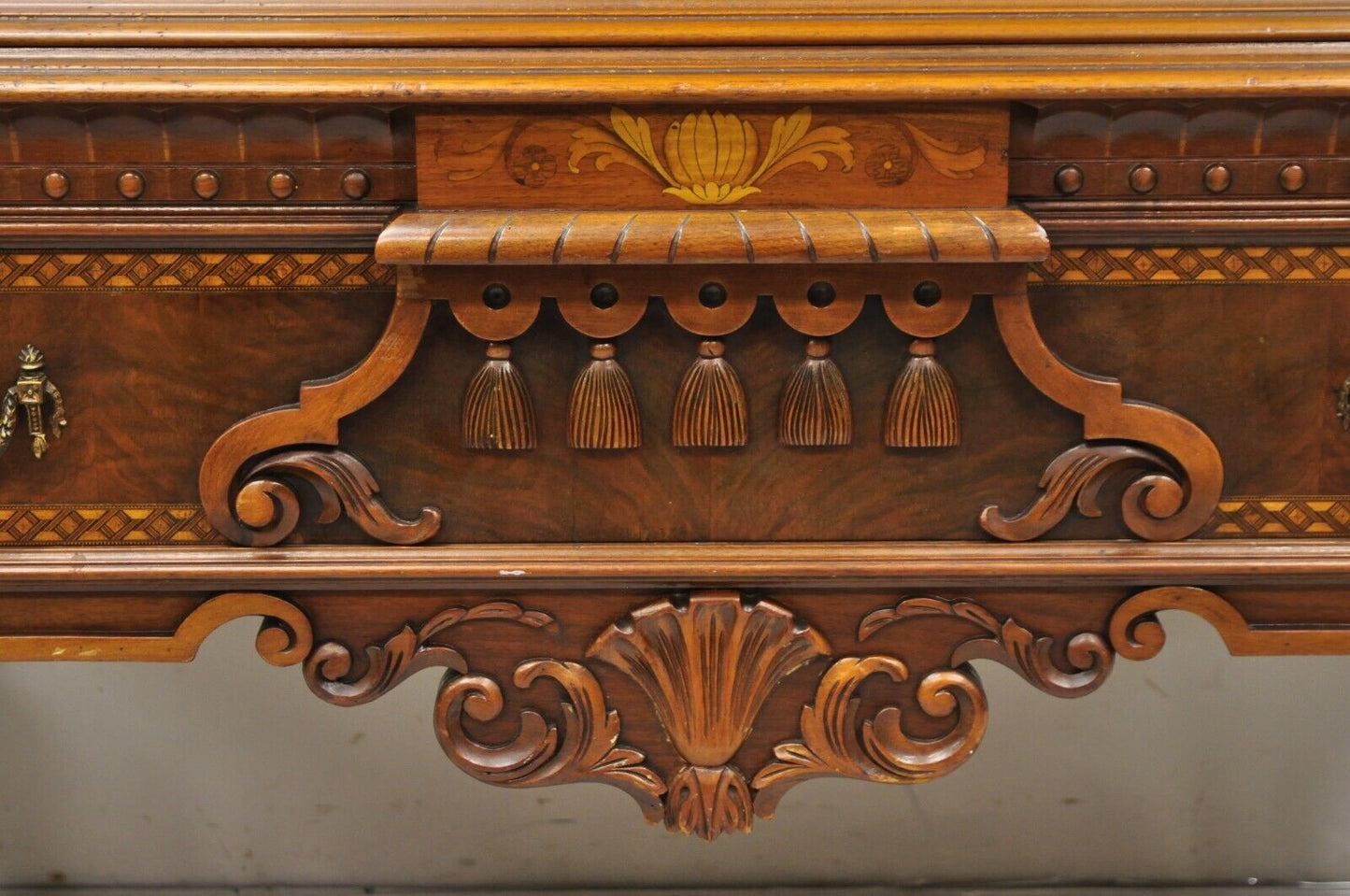 Antique French Renaissance Carved Walnut Floral Inlay Blind Door China Cabinet