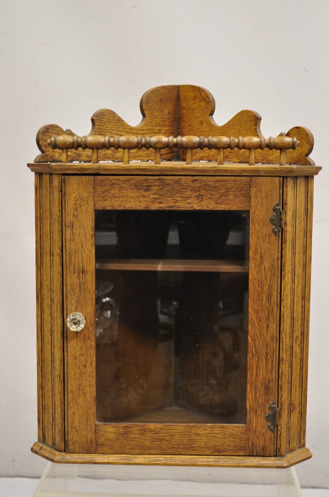 Antique Victorian Golden Oak Wood Glass One Door Corner Wall Curio Cabinet