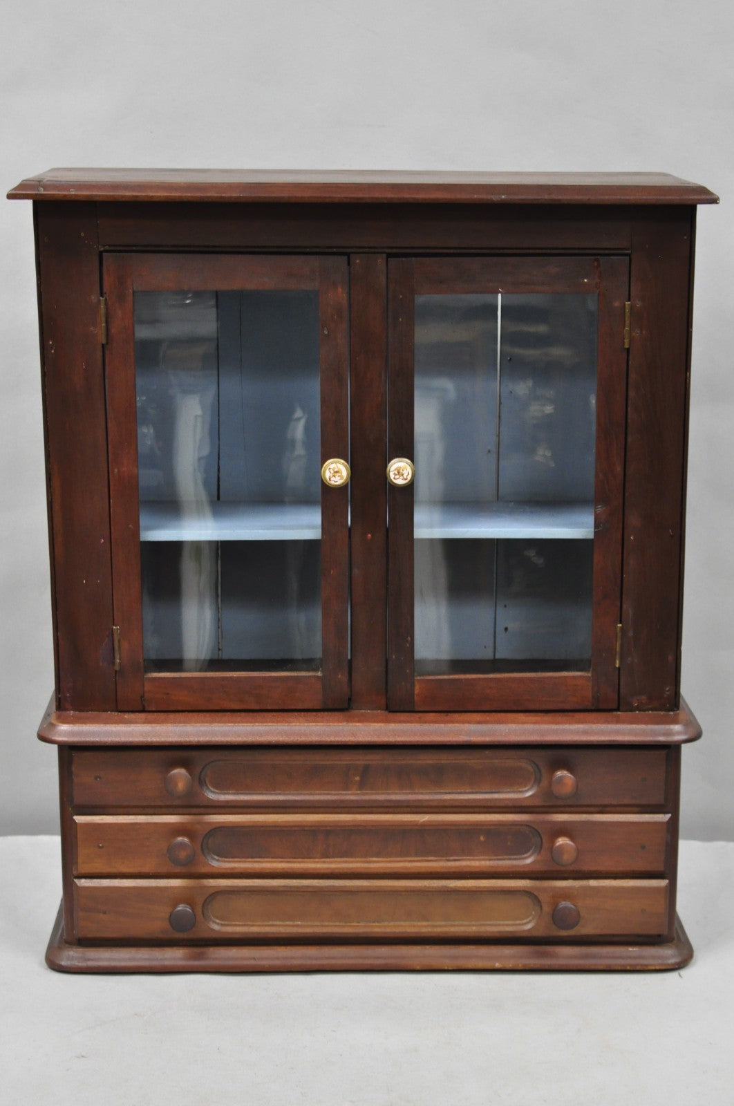 American Colonial Walnut Salesman Sample Apothecary Cupboard Display Cabinet