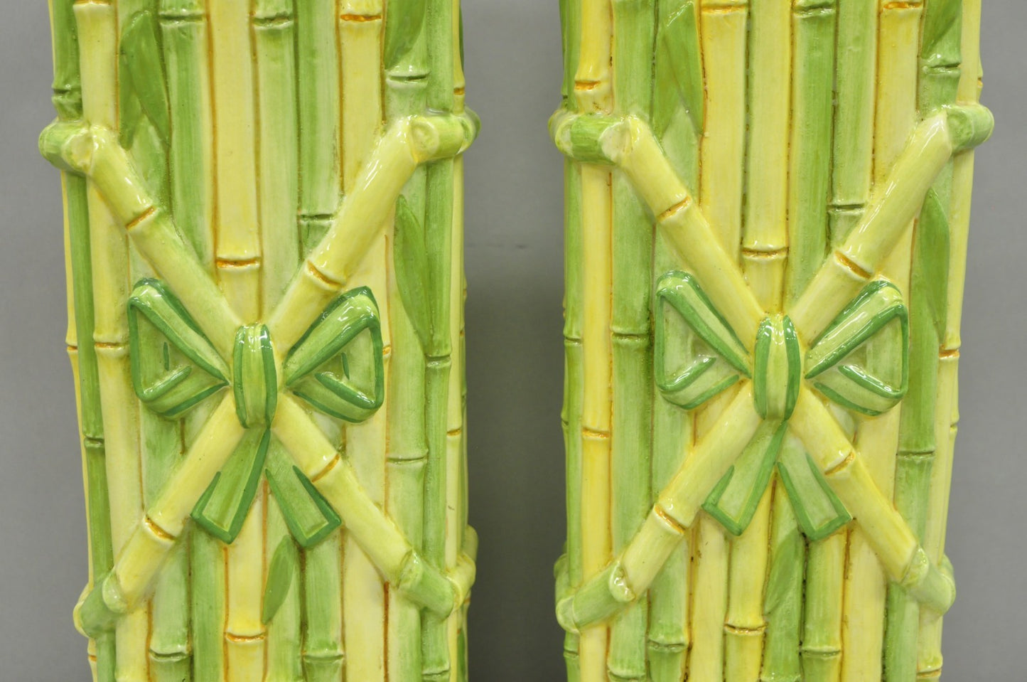 Vintage Hollywood Regency Green & Yellow Ceramic Faux Bamboo Table Lamps - Pair