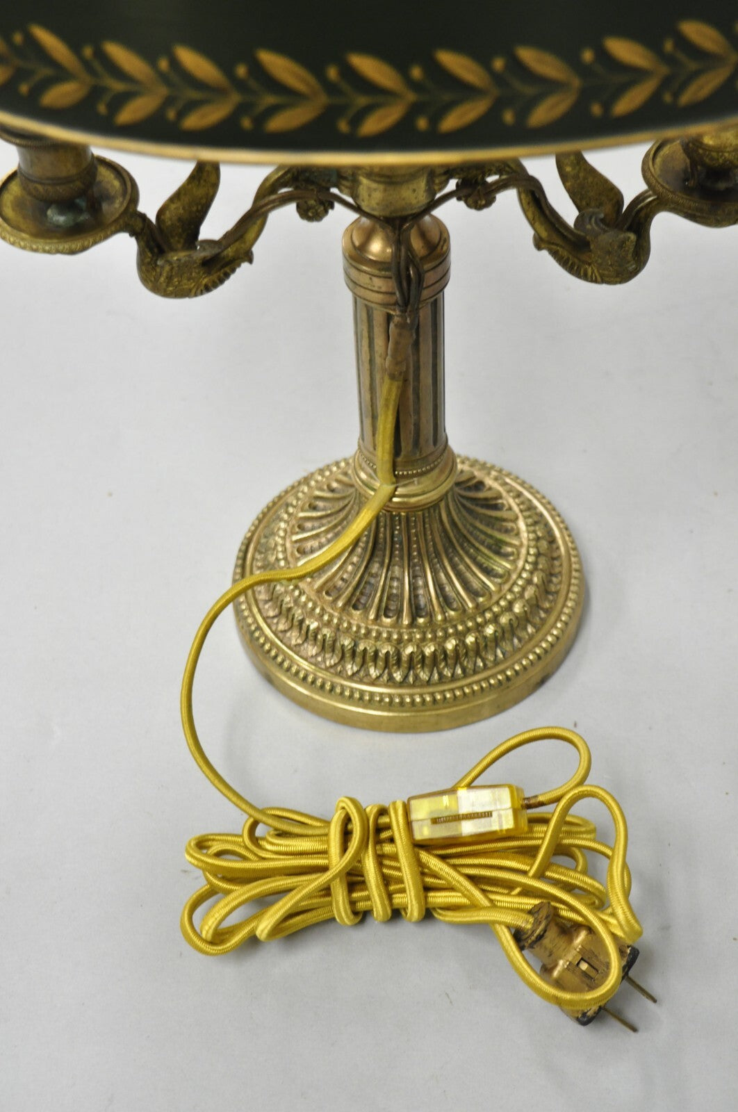 Antique French Empire Bronze Swans Green Tole Metal Shade Bouillotte Table Lamp