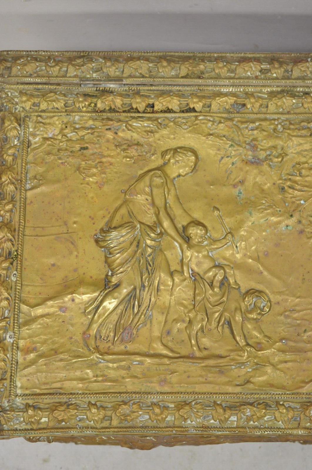 19th C. English Victorian Figural Repousse Brass Clad Coal Bin Storage Chest