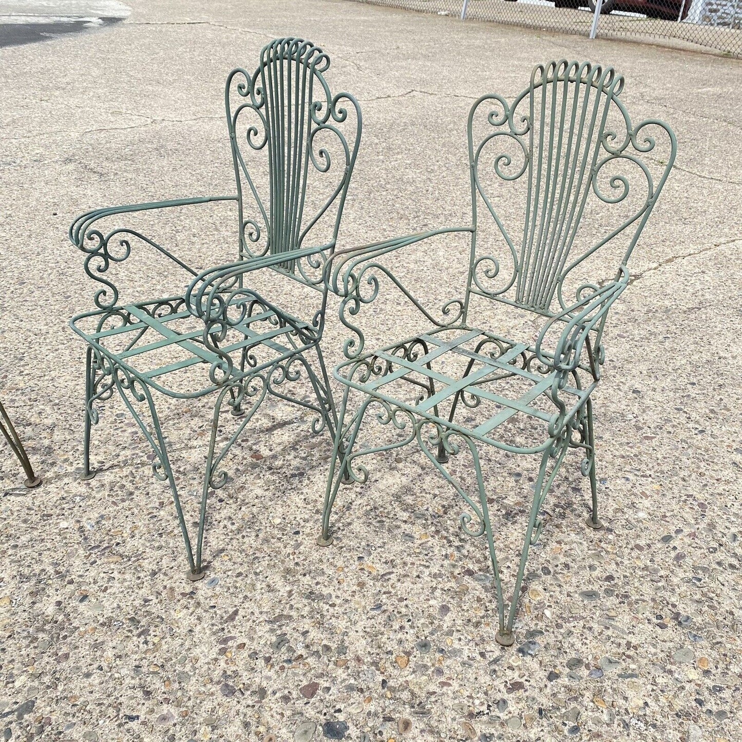 Vintage Neoclassical Style Green Wrought Iron Lyre Harp Garden Chairs - Set of 4