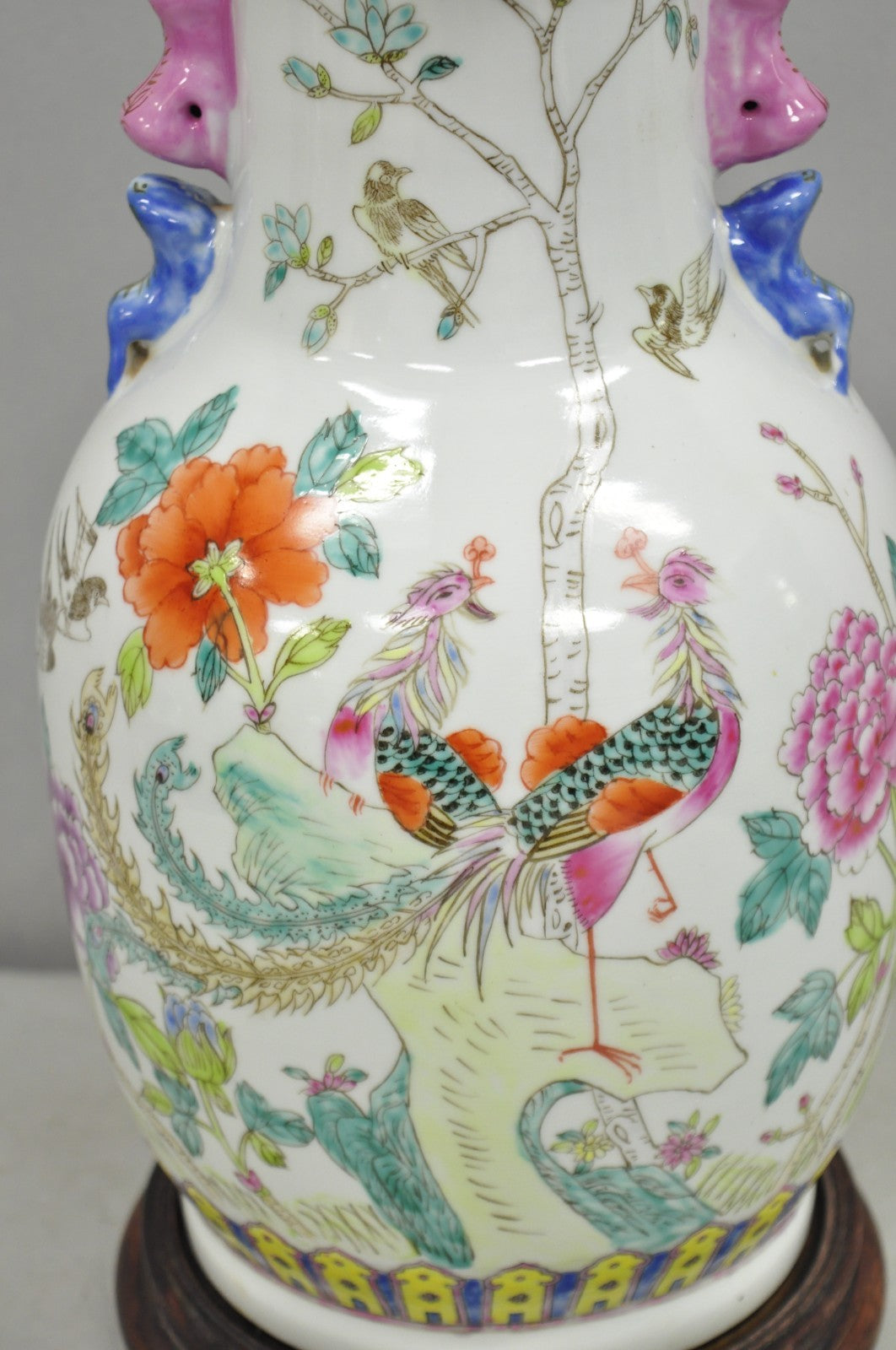 Vintage Oriental Porcelain Jardiniere Vase Bird and Flower Painted Table Lamp