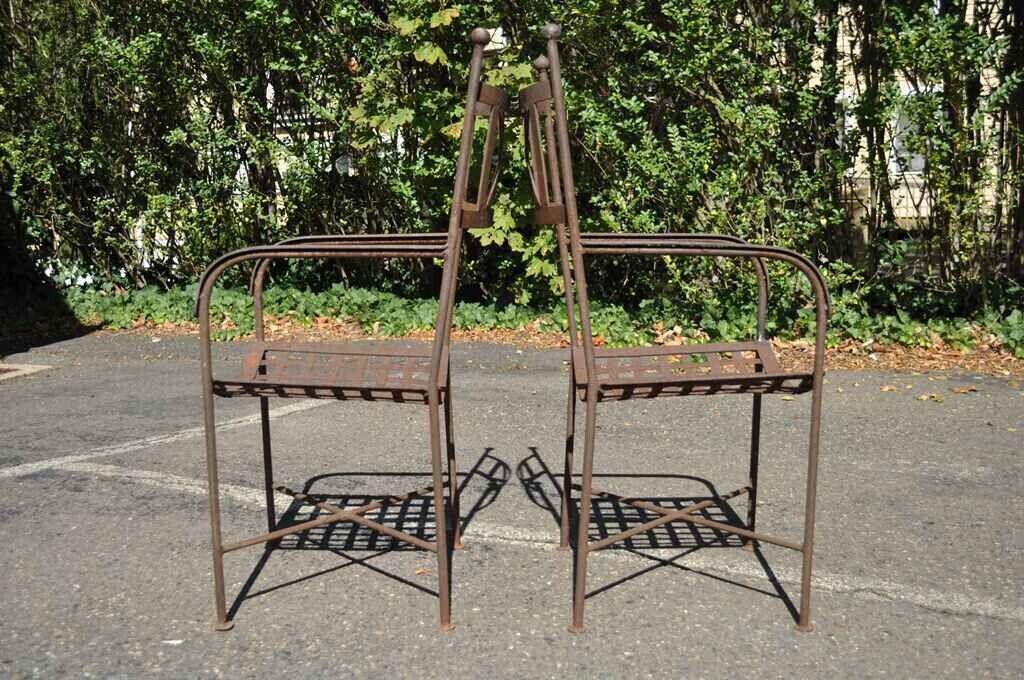 Vtg Neoclassical Regency Style Iron X Form Stretcher Garden Arm Chairs - a Pair