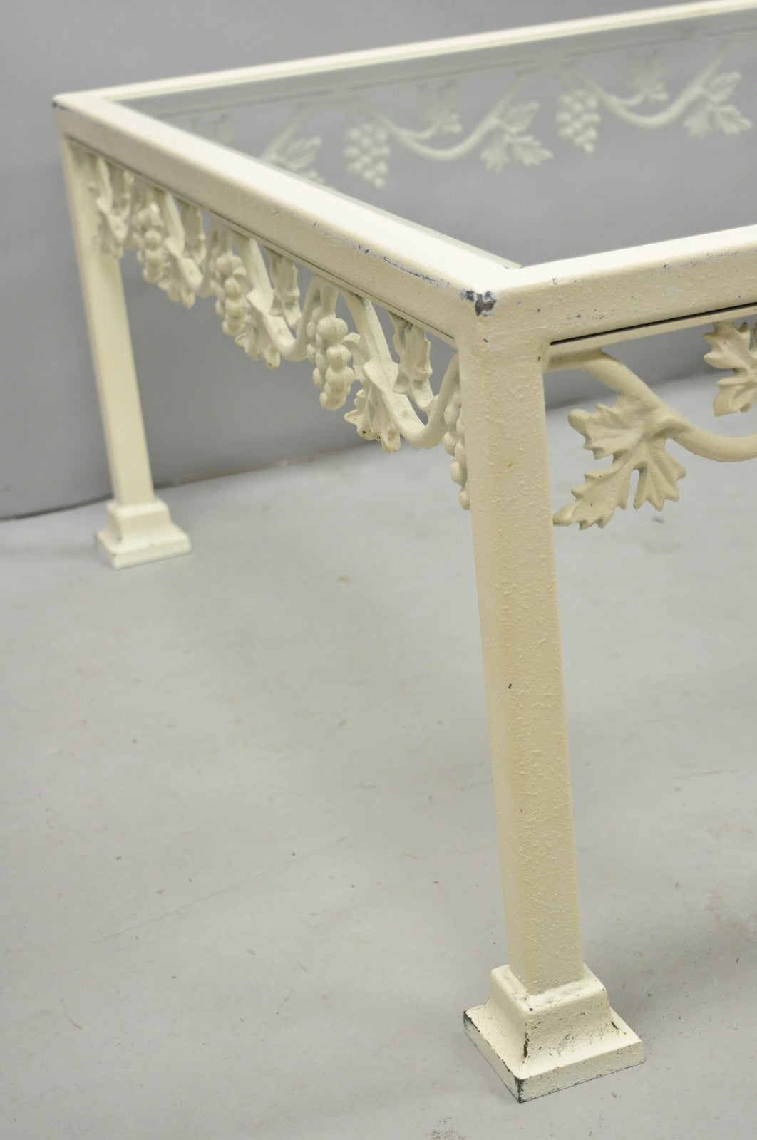 Vintage Woodard Style White Wrought Iron "Grapevine" Square Glass Coffee Table