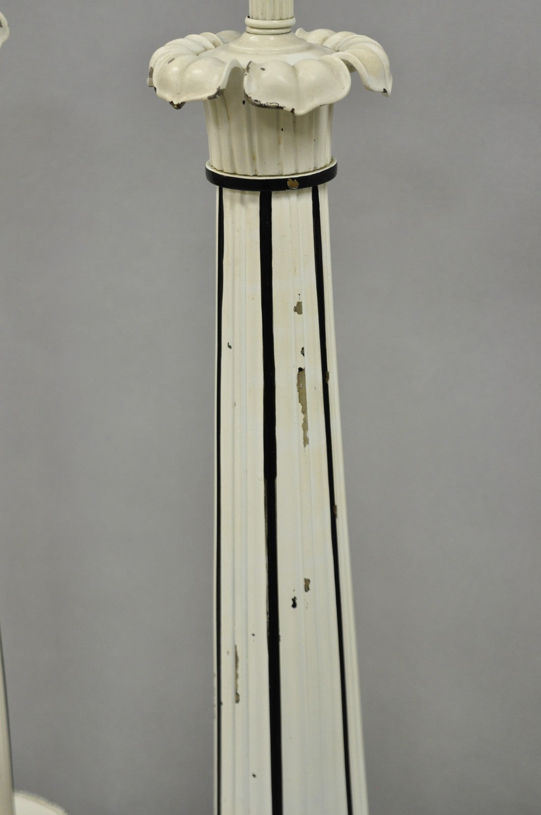 Vintage Hollywood Regency Lotus Leaf Black & White Metal Column Table Lamps Pair