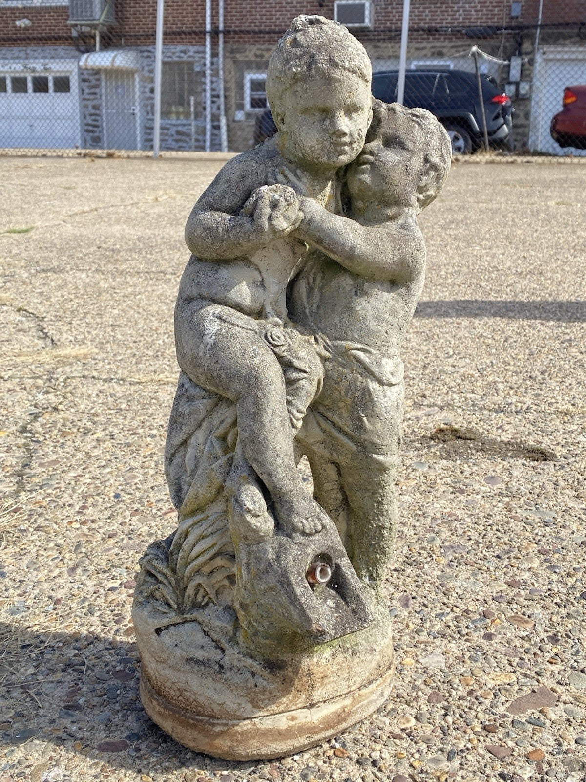 French Neoclassical Small Concrete Figural Cherub Garden Statue Water Fountain