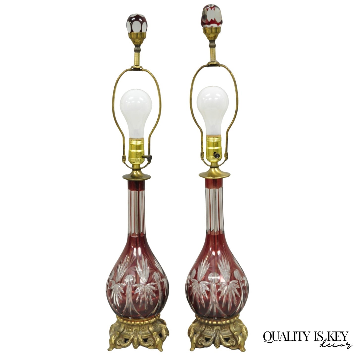 Antique Bohemian Cranberry Ruby Red Cut to Clear Glass Table Lamps - a Pair