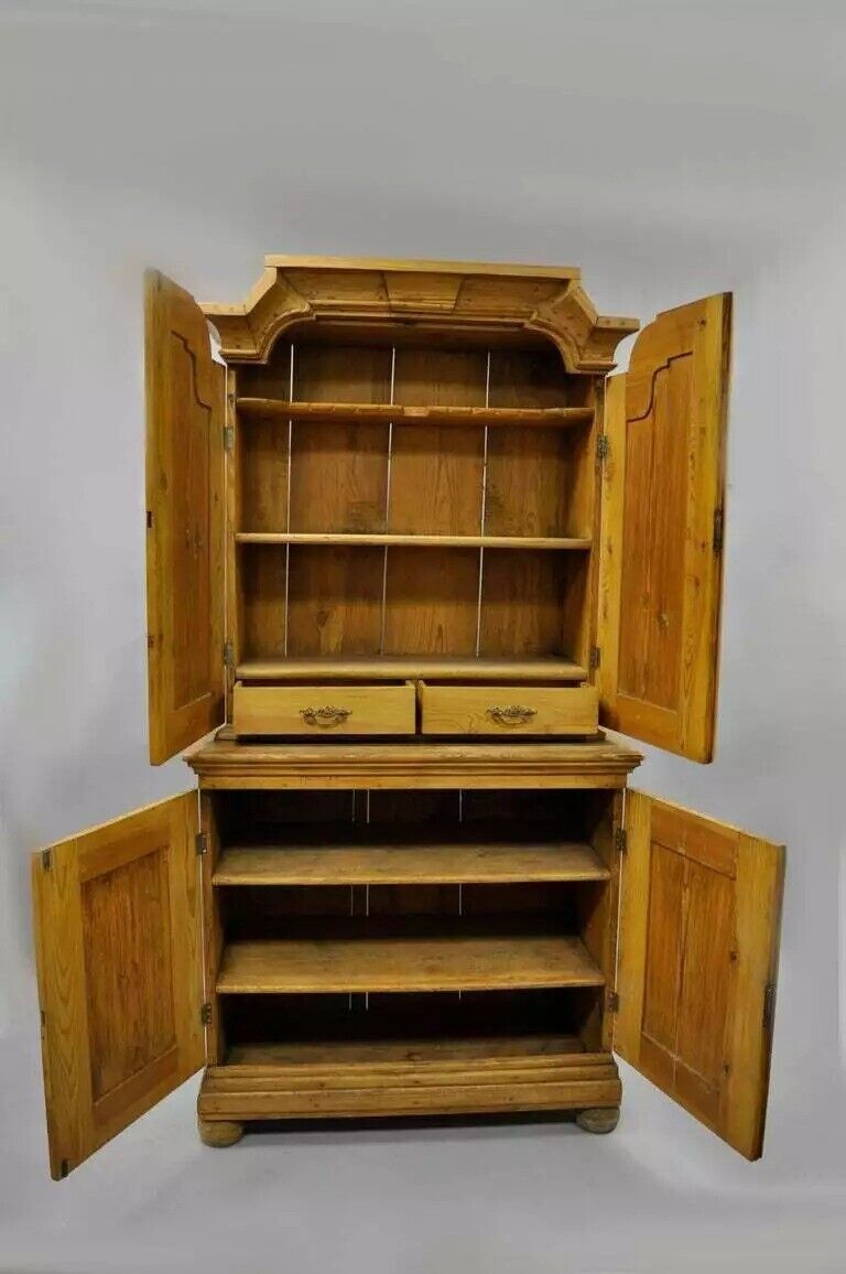 Antique Country French Neoclassical Putti Painted Pine Cupboard Cabinet Hutch