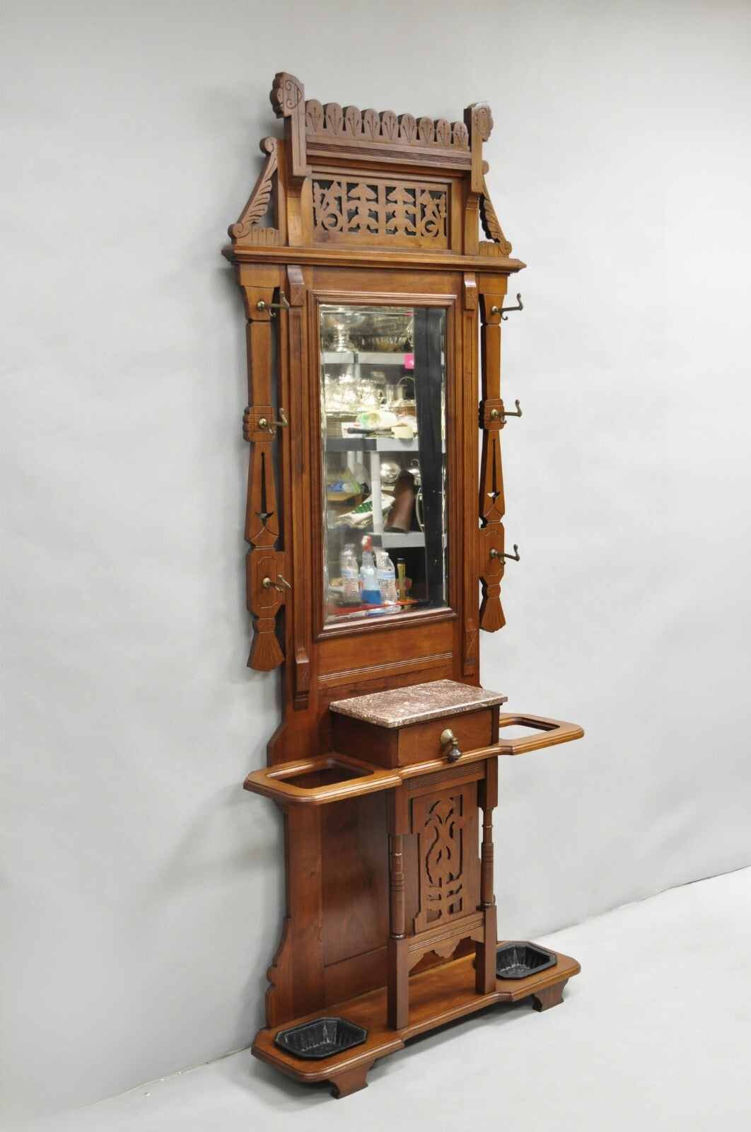 Antique Eastlake Victorian Walnut Marble Top Umbrella Stand Hall Tree Mirror