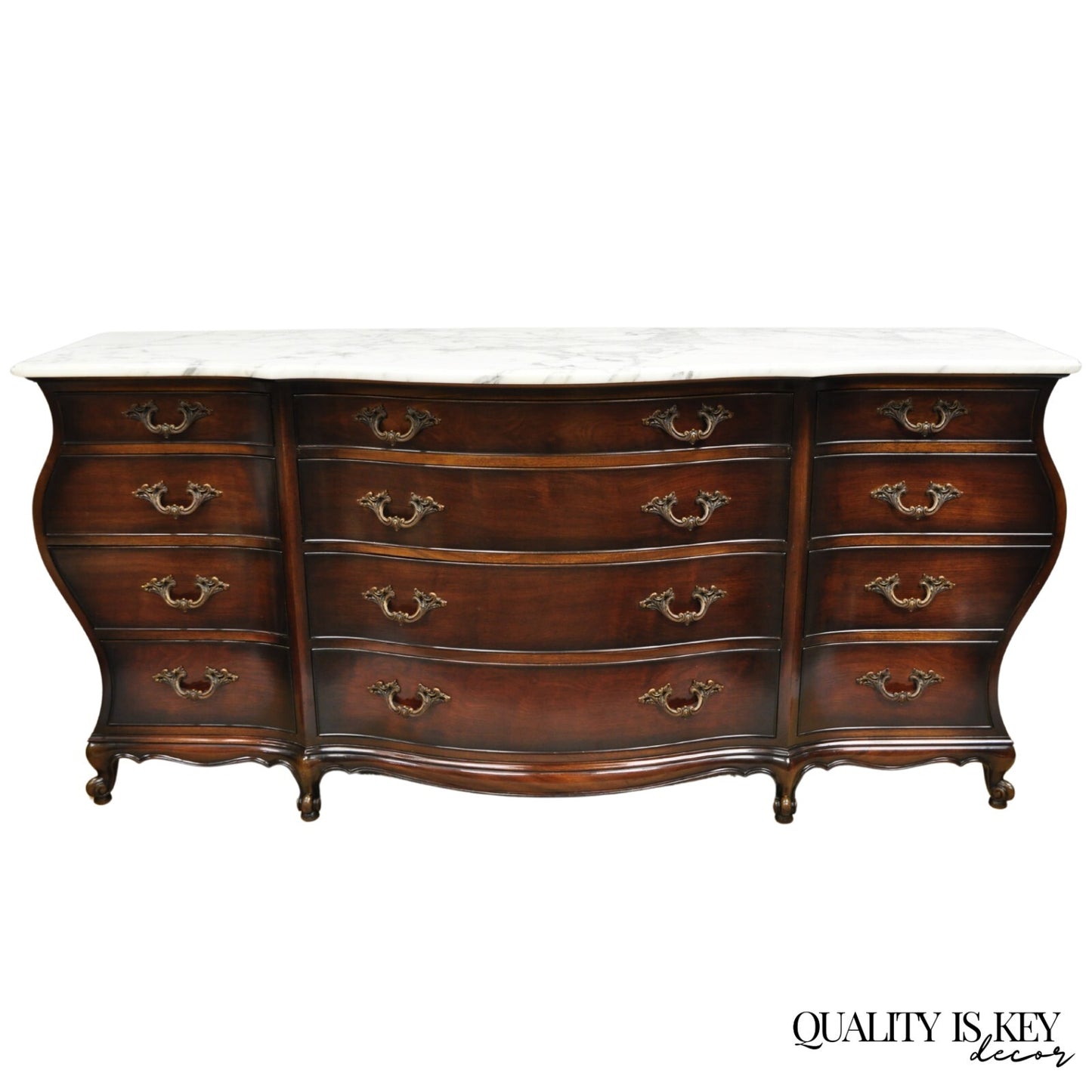 Vintage J. Zonan French Regency Mahogany Marble Top 12 Drawer Triple Dresser