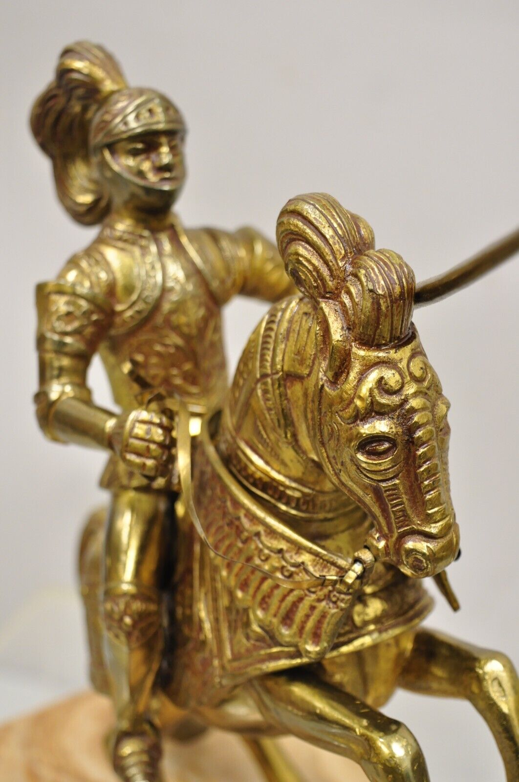 Cast Metal Marble Base Renaissance Style Gothic Soldier on Horse Statue Figure