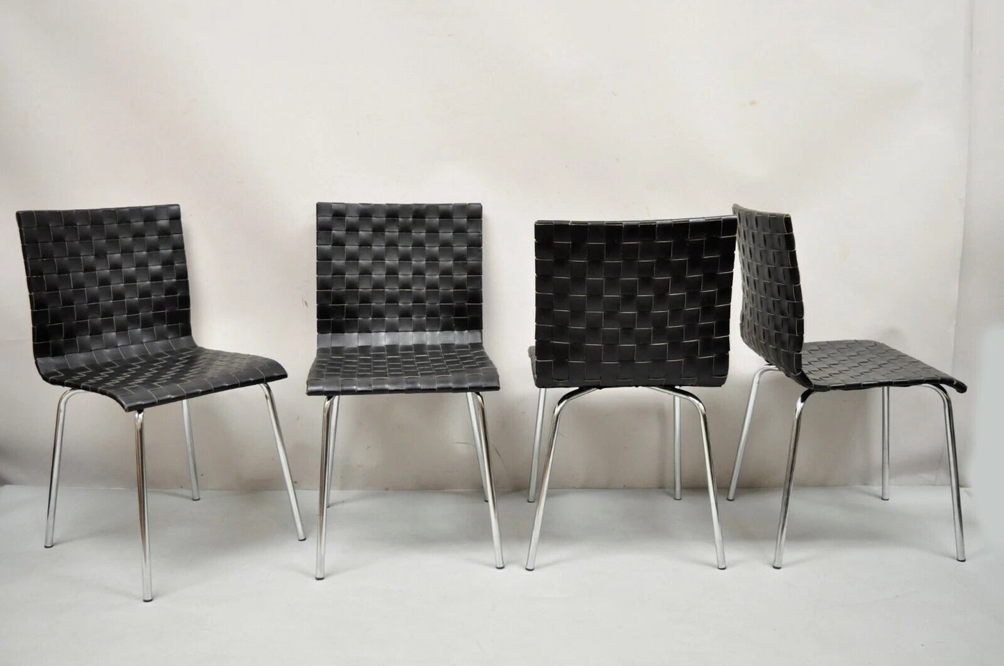 Contemporary Modern Black Woven Leather Chrome Frame Dining Chairs - Set of 4