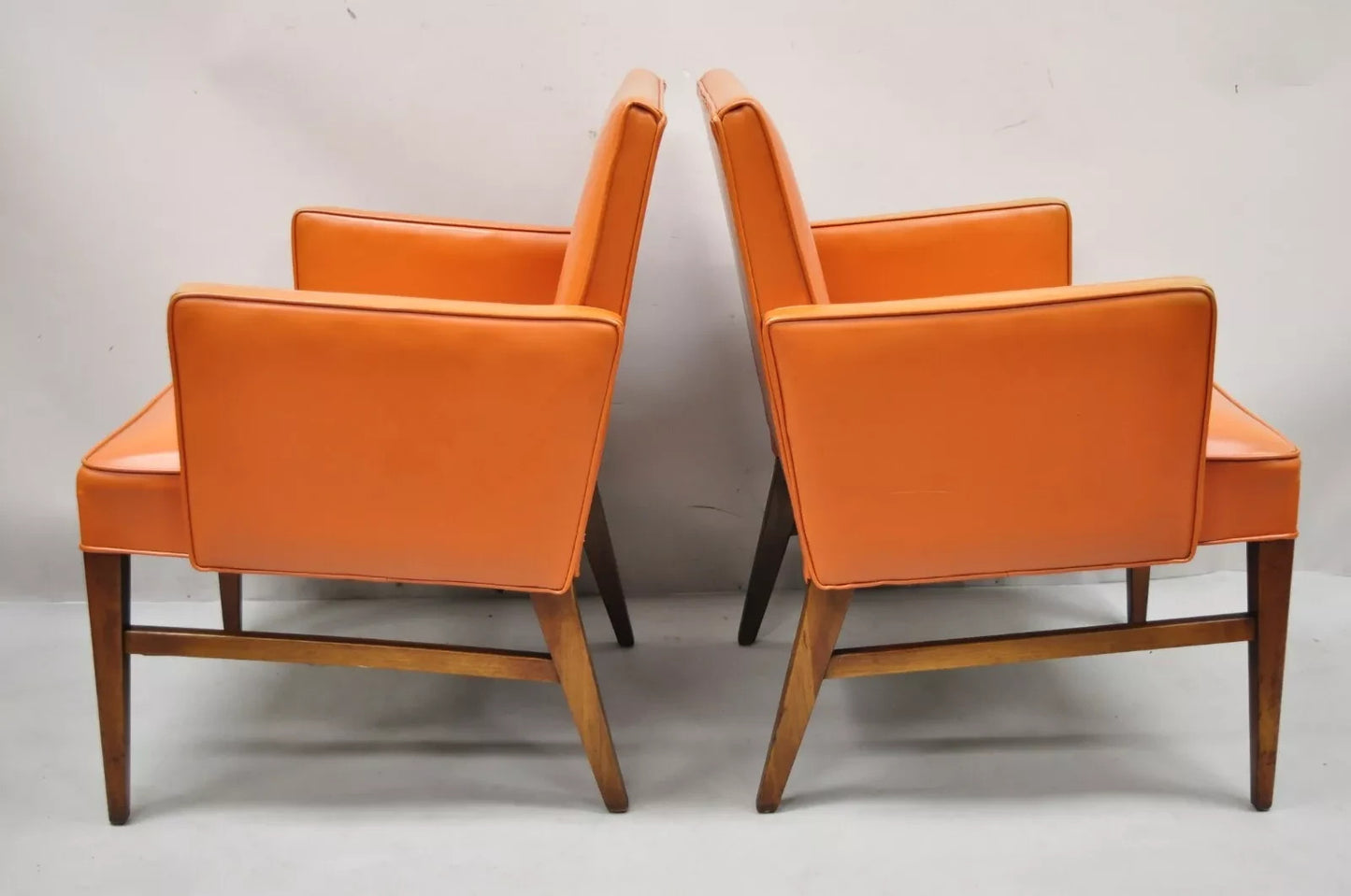 Vintage Mid Century Modern Walnut Jens Risom Style Orange Lounge Chairs -a Pair