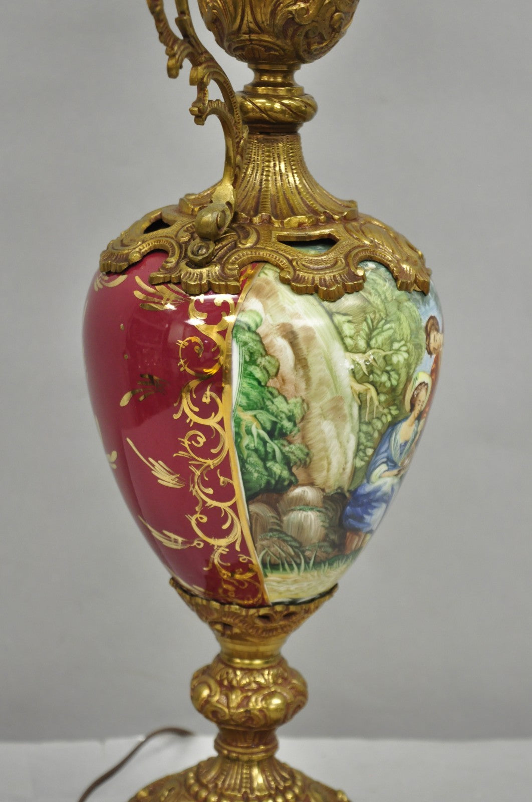 Vintage French Renaissance Style Painted Porcelain Urn Brass Ewer Table Lamp