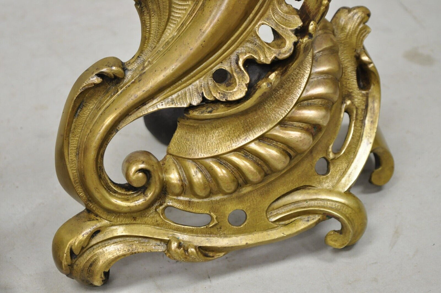 Vintage French Rococo Style Bronze Acanthus Leafy Scroll Andirons - a Pair