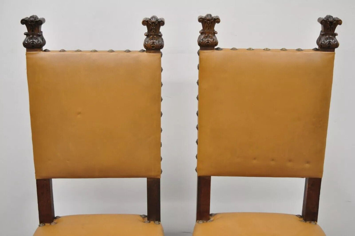 Antique 19th C. Italian Renaissance Carved Walnut High Back Side Chairs - a Pair