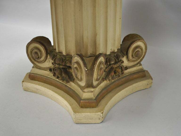 Green Marble Top Fluted Wood Corinthian Column Pedestal Base Round Coffee Table